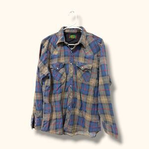 GFC Trading Shirt Mens L Long Flannel Plaid Snap Front Graphic Back Blue Brown